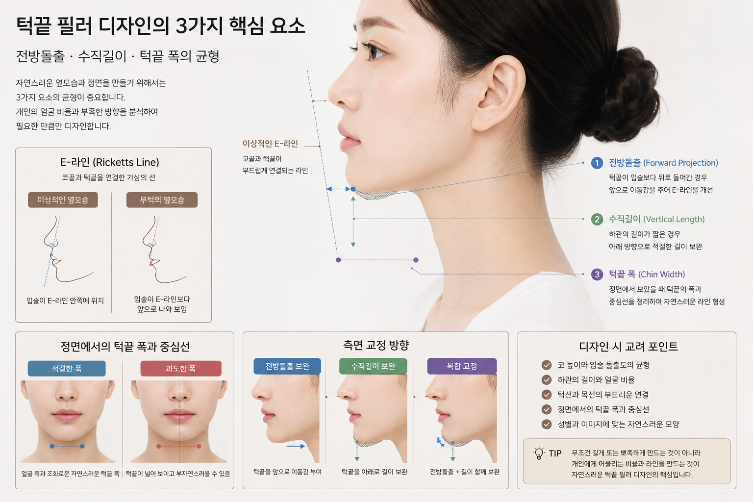 턱끝필러 디자인에서 전방 돌출과 수직 길이 및 턱끝 폭을 설명하는 이미지